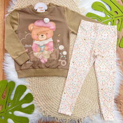 Conj. Casaco Ursinha de Boina e Calça Legging Floral - Marrom e Areia